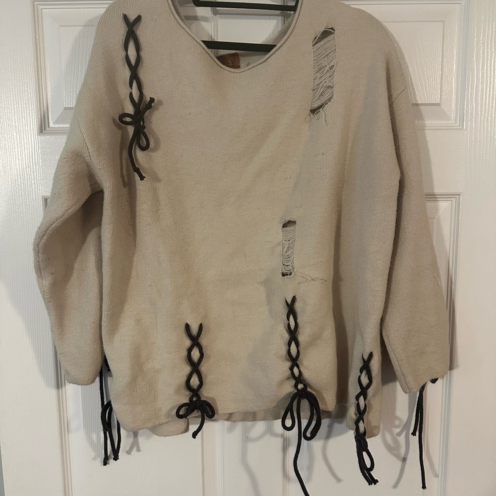 Distressed Sweater with Black Ties